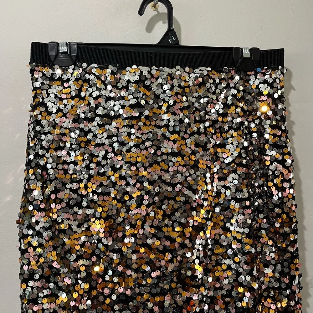 Women's Skirt Small Pencil Golden Sequin Embellished Waistband Party‎ Gold Black